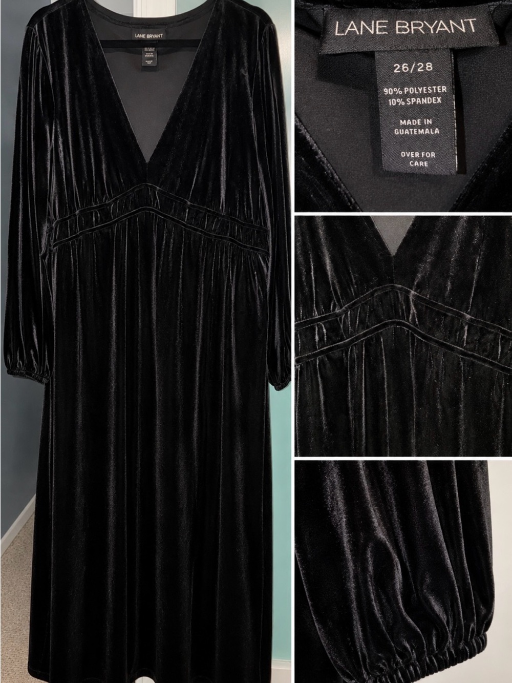 Lane Bryant Black Velvet V-Neck Long Sleeve Midi Dress
